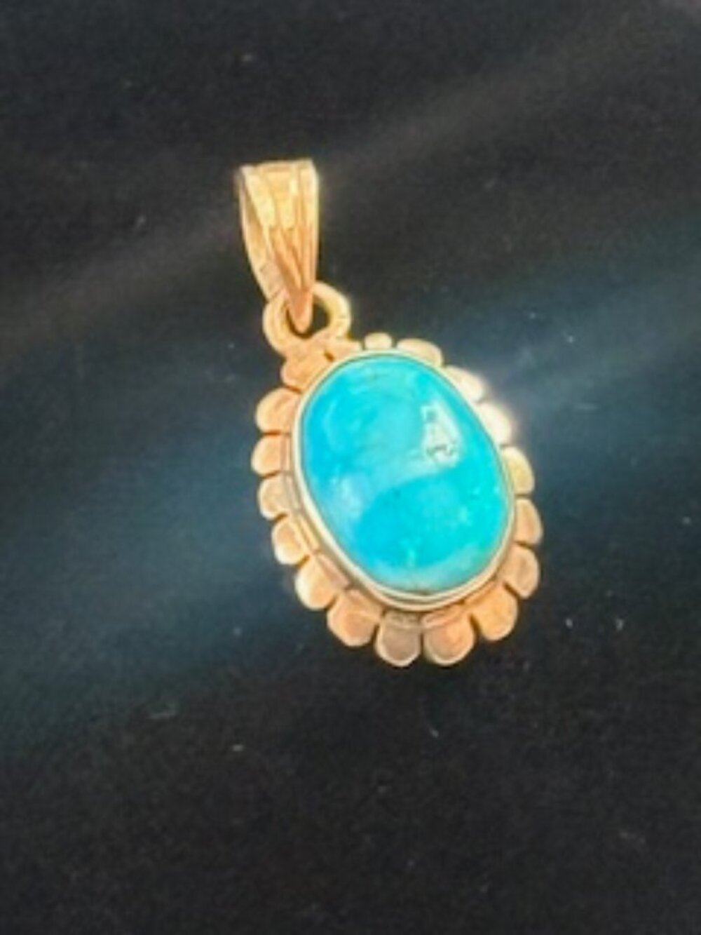 14K vibrant blue pendant-Oval turquoise Cabochon-Held by scalloped bezel